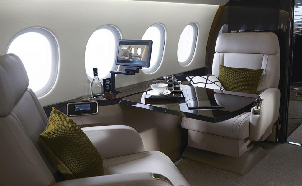 The cabin of the Dassault Falcon 900LX business jet.