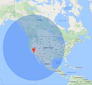The TBM 900/930's maximum range, shown from Los Angeles. 
